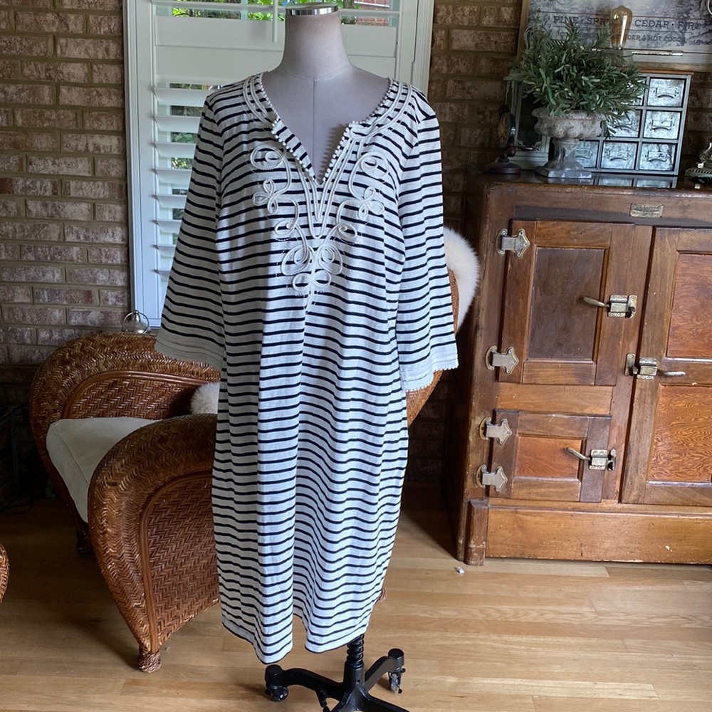 BODEN STRIPED 3/4 SLEEVE DRESS EMBROIDERED PLUS 18 NEW